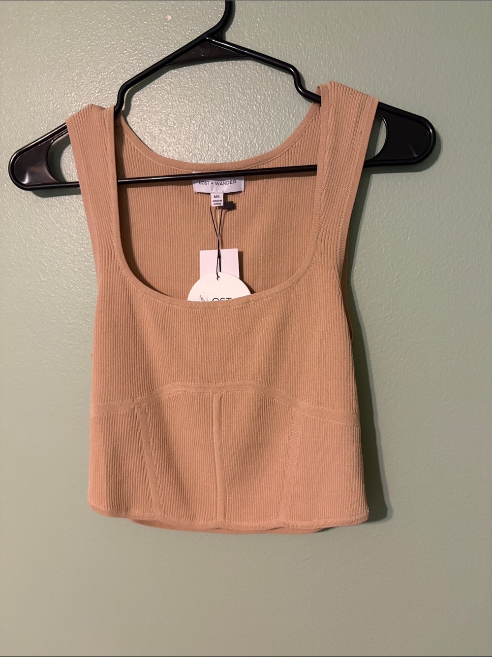 Lost + Wander Ribbed Scoop-Neck Crop Tank - Beige